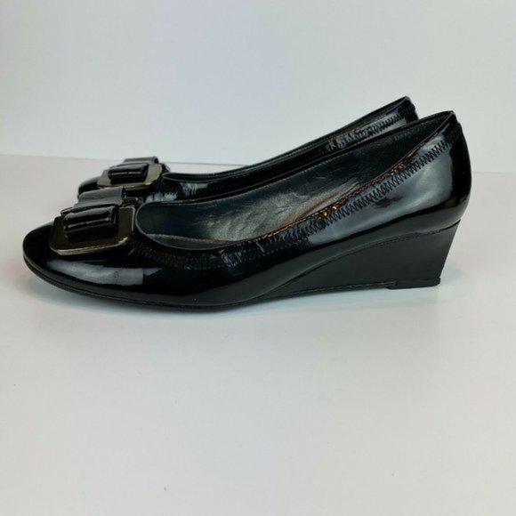 Stuart Weitzman Wedge Heels 5.5‎ Black Patent Leather Silver Bow Office Career - Picture 4 of 11